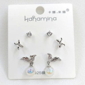 گوشواره زنانه سه تکه آویز مرواریدی طرح پرنده کانامینا مدل Kanamina 4137